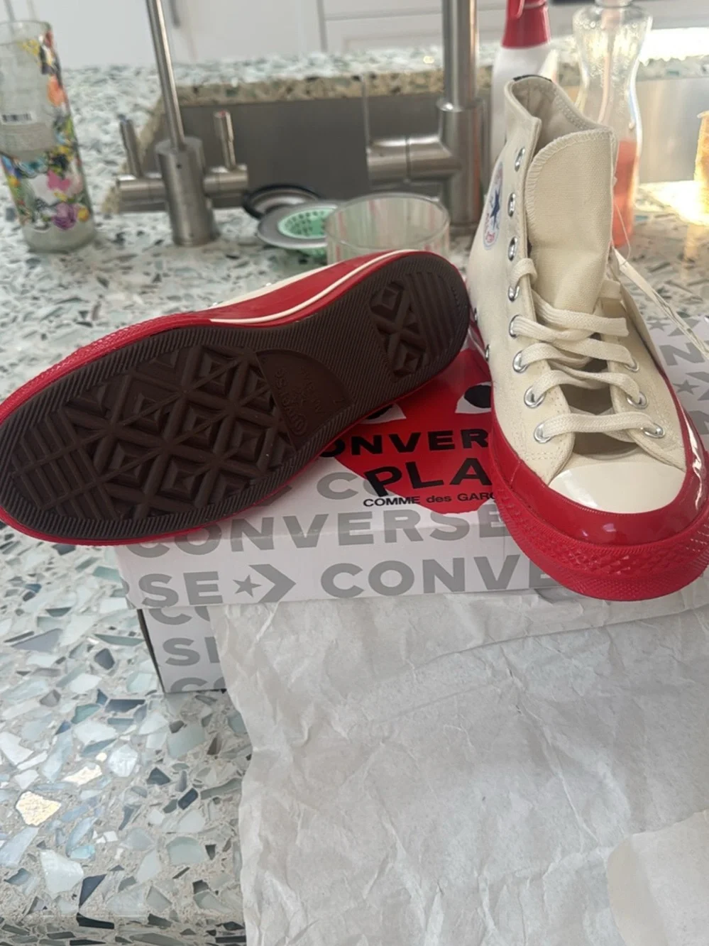 Converse Beige Comme des Garçon High-Top Sneakers with Red Heart and Red Sole